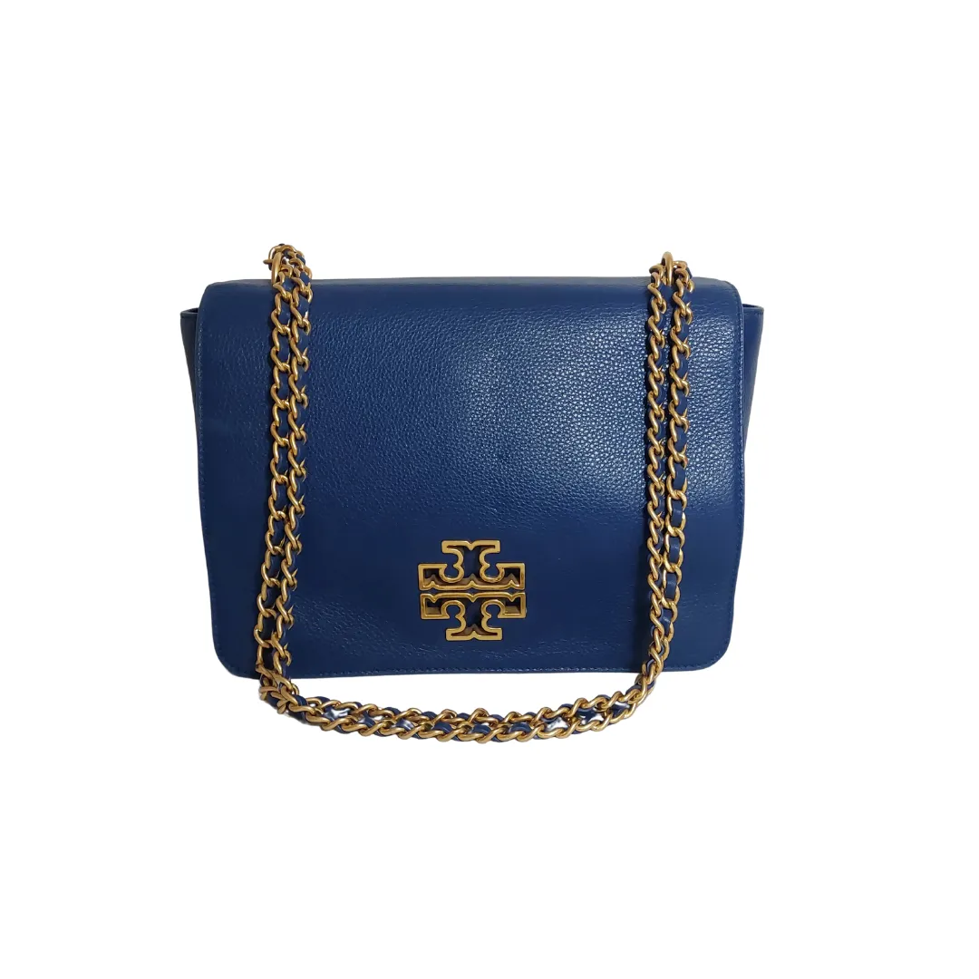 Tory Burch Britten Blue Pebbled Leather Shoulder Bag | Pre Loved |