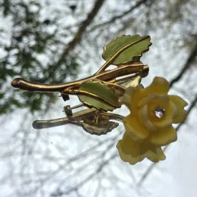 Vintage Yellow Flower Brooch. Gold Tone Pin with Hand Painted Yellow Petals and Green Enamel Leaves. Flower Pin. Accessories. Flower Gift.