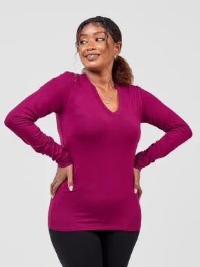 Vivo Basic V-Neck Long Sleeve Top - Burgundy