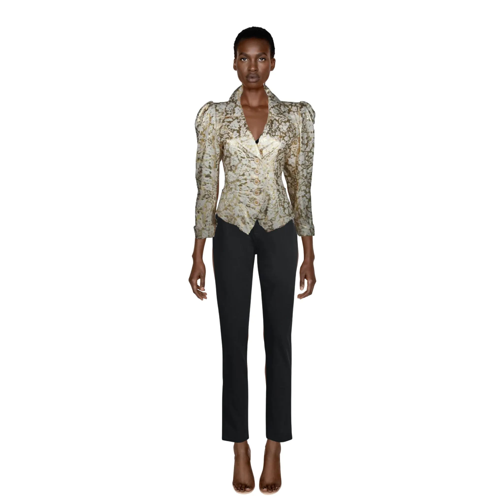 YVES SAINT LAURENT Gold Foil Jacket w/ Daisy Buttons | Size 40